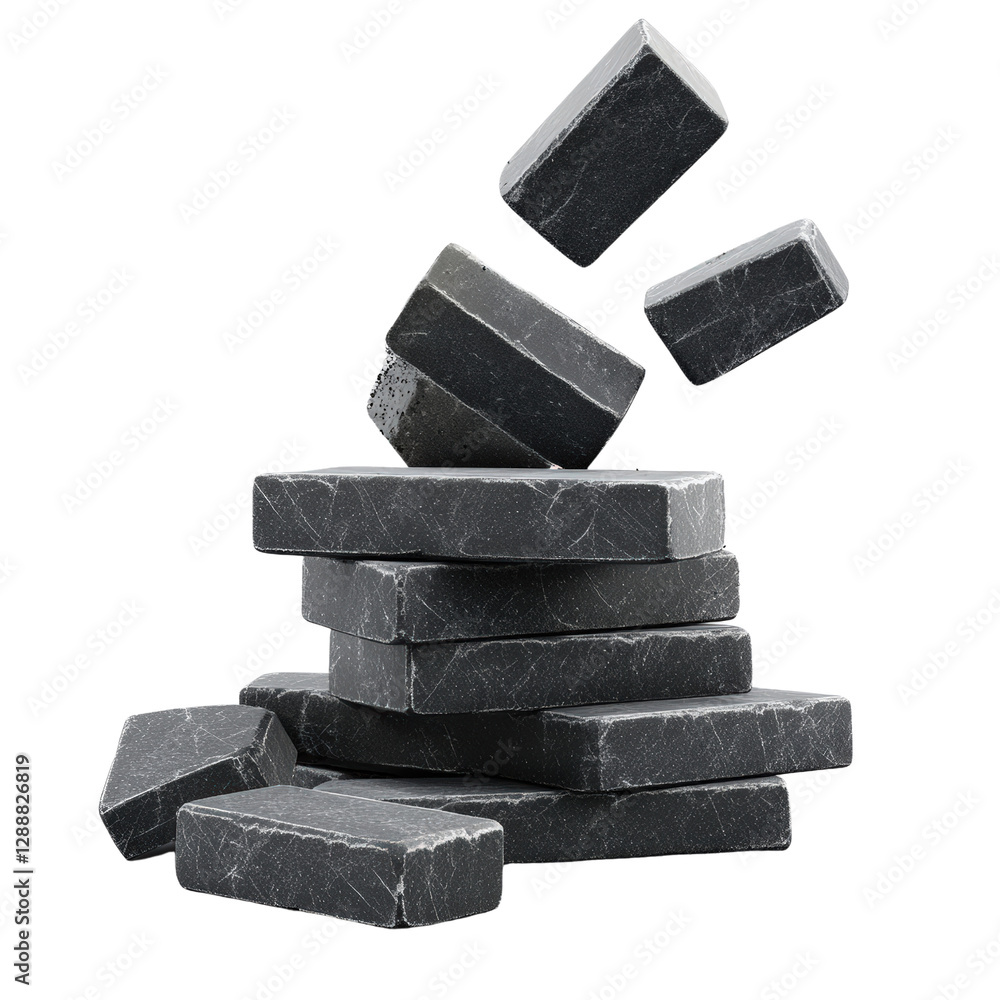 Poster pile of black marble blocks stacked in a construction site for building and design projects isolated