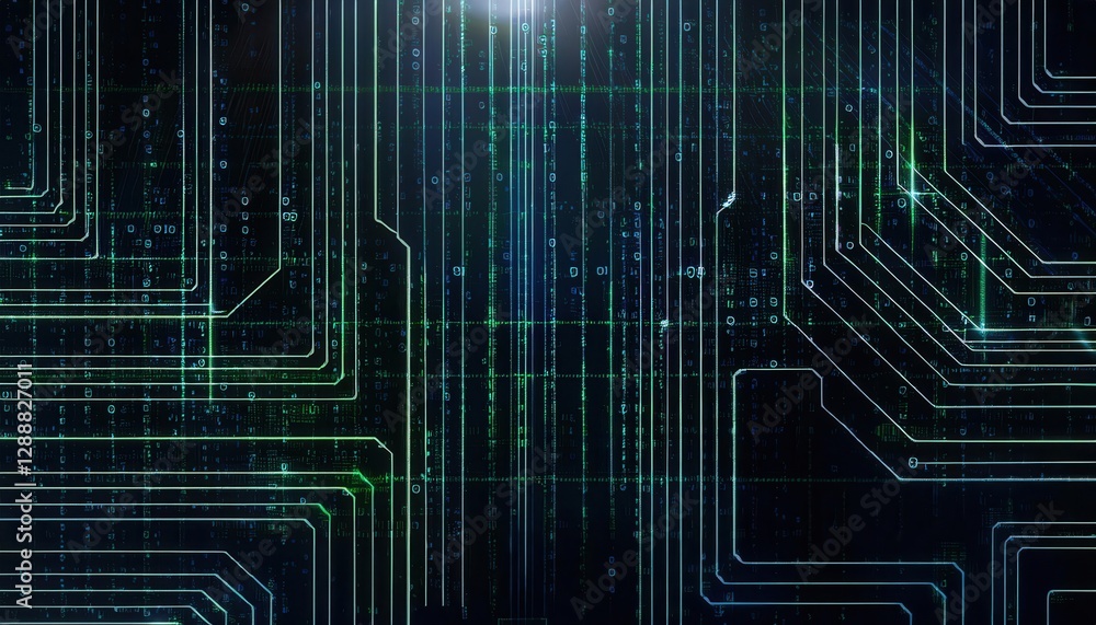 Poster digital matrix of glowing green binary code lines and interconnected circuits, futuristic tech background