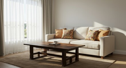 Beautiful interior image featuring a sofa with pillows and a table
