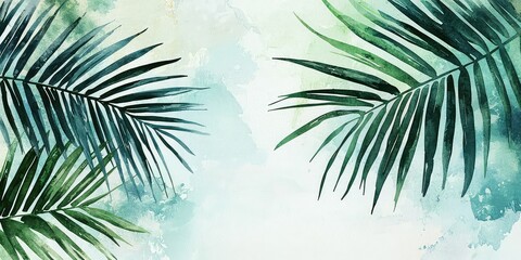 Palm leaves with watercolor splashes, tropical vibes. 