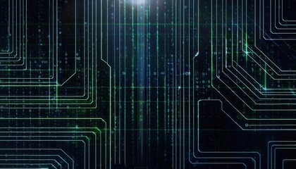 Obraz premium digital matrix of glowing green binary code lines and interconnected circuits, futuristic tech background