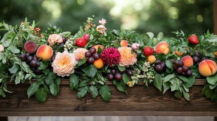 Rustic wooden podium surrounded by fresh leafy greens, accented by colorful fruits like strawberries and peaches