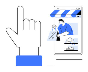 Hand icon pointing, person with shopping bags, smartphone with storefront. Ideal for e-commerce, digital retail, online shopping, mobile apps, consumer behavior, business growth modern commerce