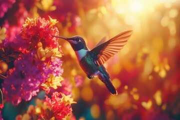 Obraz premium A vibrant hummingbird hovers near colorful flowers, bathed in warm sunlight, a scene of natural beauty and serenity.