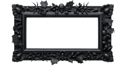 Top view of a rectangular picture frame with creepy Halloween decorations like spiders bats and cracked bones designed in a distressed black finish isolated on white background See Less	
