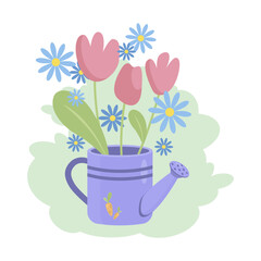 Garden watering can with spring flowers, tulips, daisies, cornflowers. Universal greeting card template. Hand-drawn bouquet of flowers in a watering can, teapot. Vector illustration on a white backgro