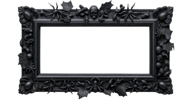 Top view of a rectangular picture frame with creepy Halloween decorations like spiders bats and cracked bones designed in a distressed black finish isolated on white background See Less	
