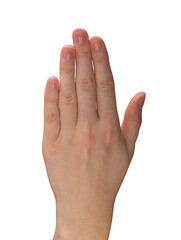 Female hands with glossy, well-manicured nails, elegantly spread to demonstrate beauty, skincare, and wellness. Symbolizing self-care and health. Isolated on white background.