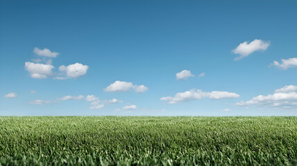 Vibrant Green Field Under a Blue Sky with Puffy White Clouds