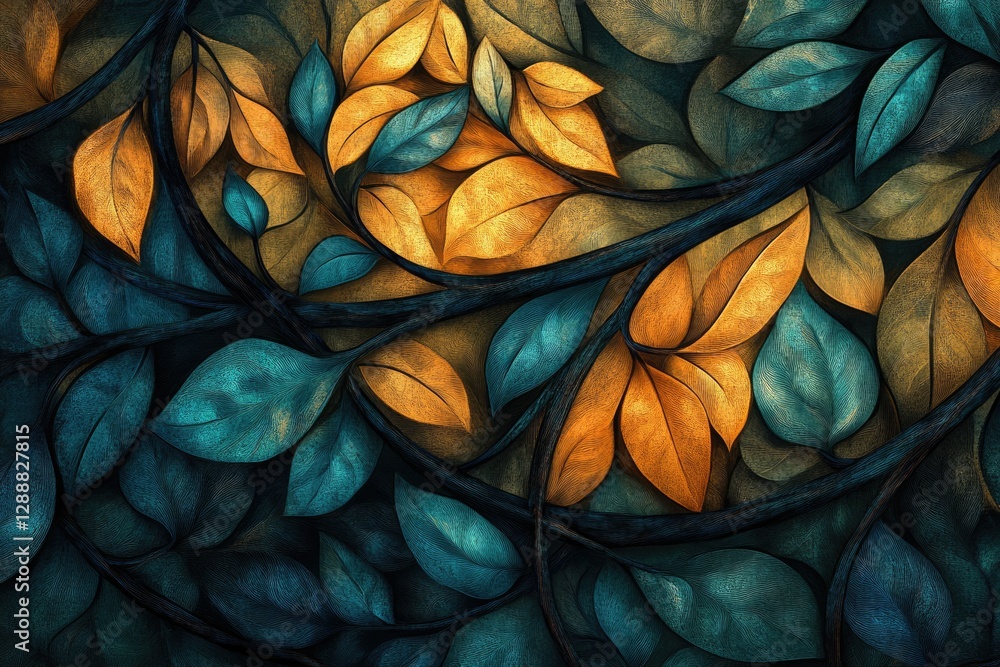 Poster intricate artwork depicting intertwined branches with teal and golden leaves, creating a rich autumn