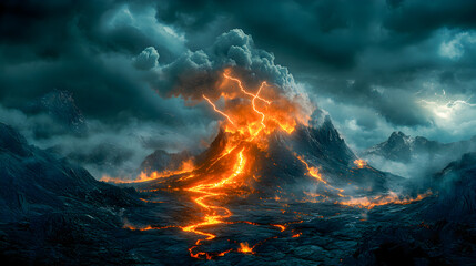 Fototapeta premium Red flames burn hot in the dark sky, an abstract explosion of fire and smoke
