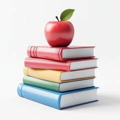 Red Apple on Stack of Colorful Books with White Background