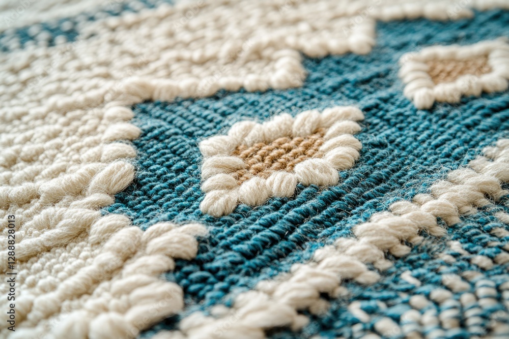 Poster close-up of teal and off-white woven textile with floral pattern, showcasing intricate texture and c
