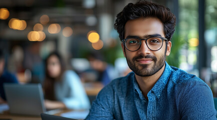 Obraz premium Young professional leading an AI workshop in a modern office, surrounded by colleagues with laptops and notepads, discussing artificial intelligence. Engaging atmosphere with focused collaboration and