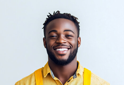 Portrait of handsome cheerful young adukt Black man in yellow unifor,