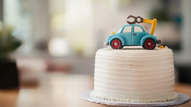 Beautiful tall two-tiered fondant cake on white background. Birthday steampunk style cake for little three year old boy decorated with edible sugar paste vintage racing car and golden wrench on top.