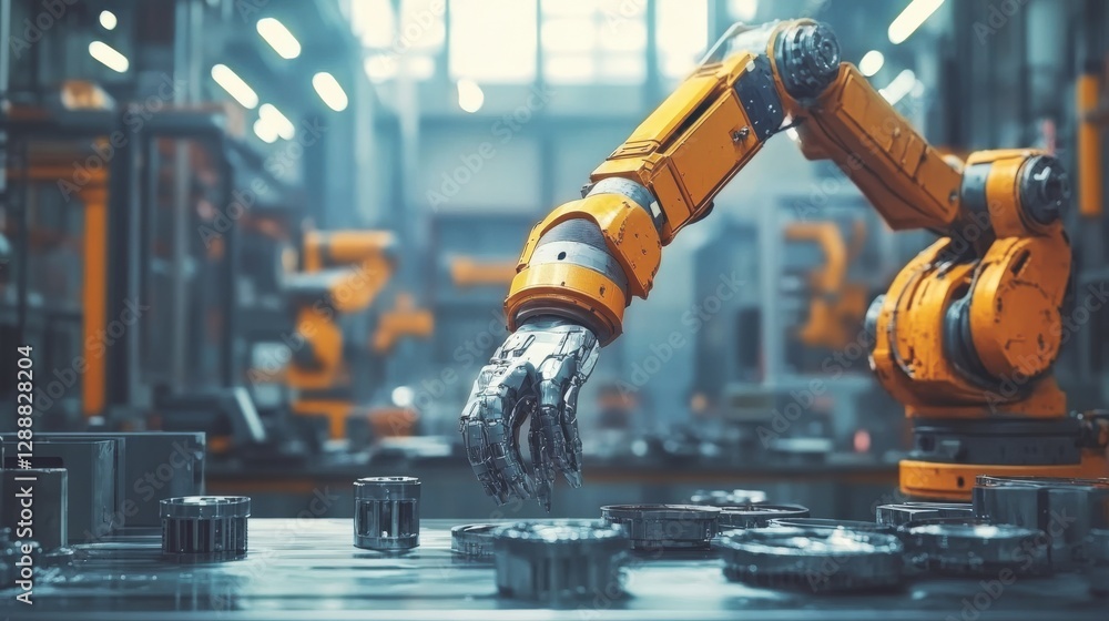 Aufkleber there are robotic arms working on the assembly line in modern workshops