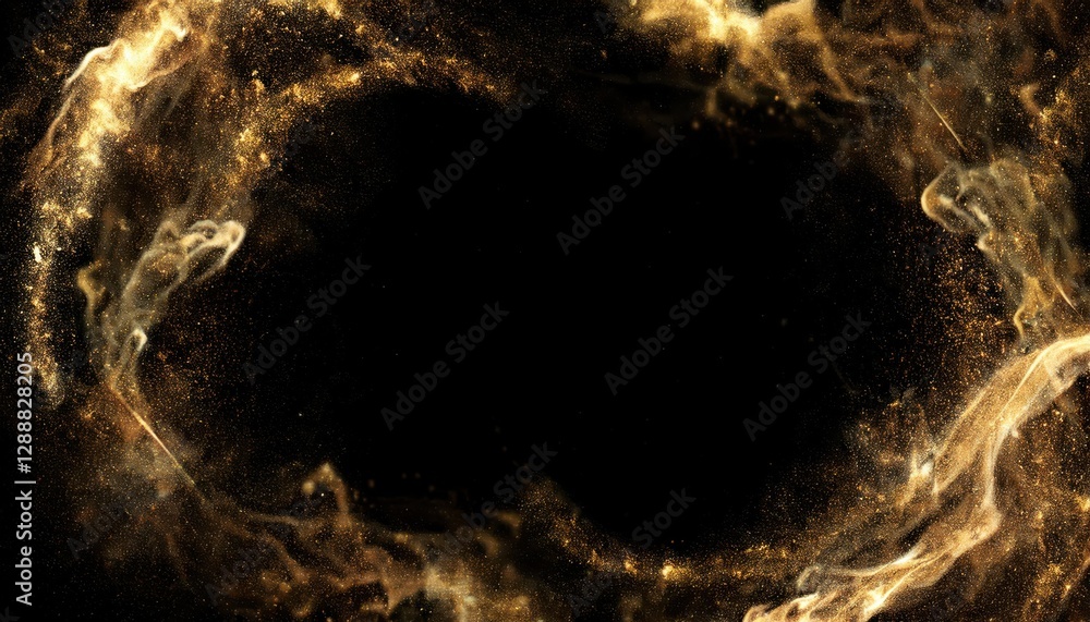 Poster golden dust particles swirling in dark space creating abstract cosmic cloud, perfect for futuristic,