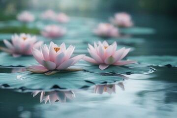 Elegant pink lotus flower blooming in a tranquil pond, surrounded by floating green leaves. Soft focus and retro filter create a dreamy, vintage-inspired nature scene.

