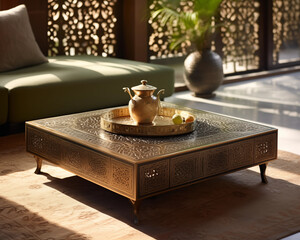 Ornate Brass Coffee Table with Golden Pitcher  Tray