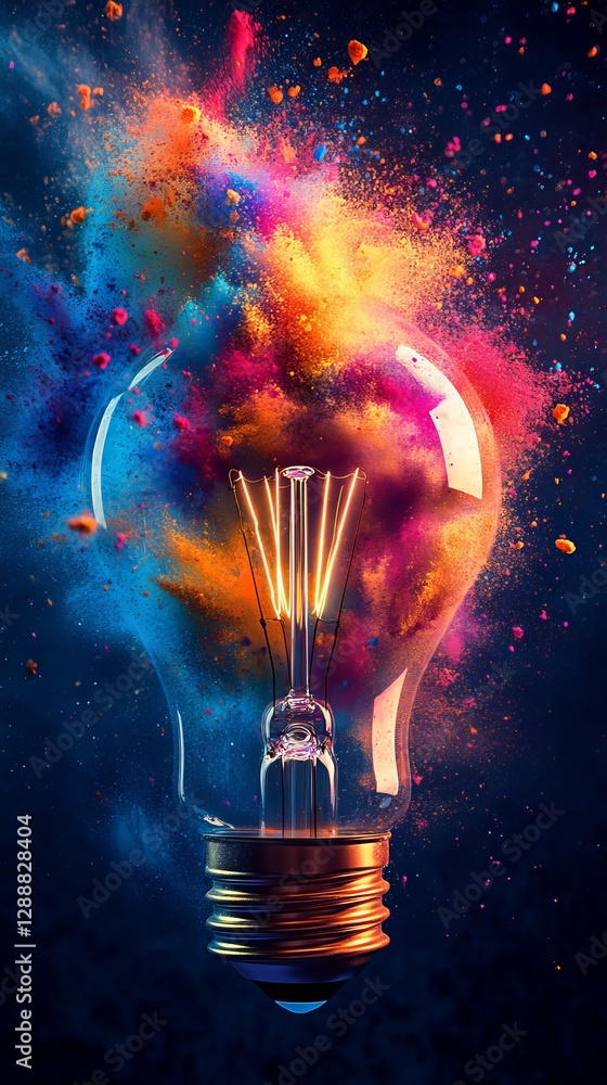 Poster bursting light bulb with vivid colorful powder explosion, dynamic artistic expression. creativity an