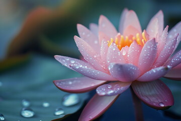 Stunning waterlily or lotus flower in full bloom, floating gracefully on a tranquil pond. Soft light and gentle ripples create a peaceful and dreamy atmosphere.

