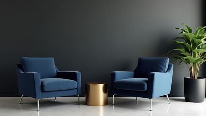 Modern Minimalist Interior: Elegant Blue Armchairs & Dark Aesthetic Living Space