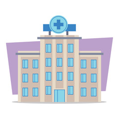 Naklejka premium Modern hospital building with large windows and prominent cross symbol on roof. Health care services and patient care concept