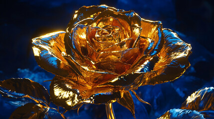 A golden rose with metallic petals glowing against the