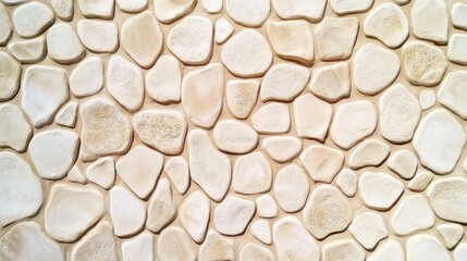 Naklejka premium Close-up image of a decorative wall made from small round stones, creating a textured organic look. 