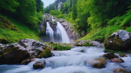 Fototapeta premium A beautiful waterfall cascades over rocks in a lush green forest. 