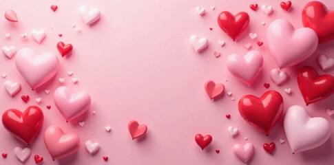Scattered hearts, varying sizes & shades of red, pink & white on a blush pink backdrop , love, valentine's day background