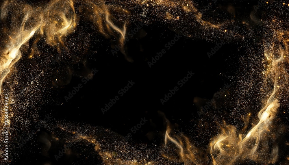 Poster golden dust particles swirling in dark space creating abstract cosmic cloud, perfect for futuristic,
