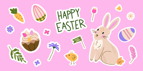 Happy Easter cute sticker collection. Isolated vector labels of bunnie, cupcake; chick, decorated eggs and carrot. Trendy and elegant patches with hand drawn illustrations
