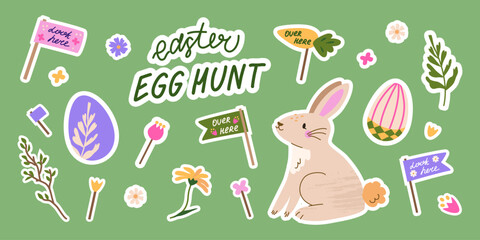 Easter Egg Hunt cute sticker collection. Isolated vector patches of bunnie, decorated eggs, flags and navigation elements. Trendy and elegant patches with hand drawn illustrations
