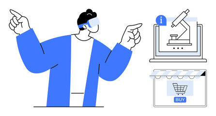 Individual gesturing towards laptop showing microscope and online store with buy button. Ideal for online education, e-commerce, virtual learning, science communication, digital shopping, research