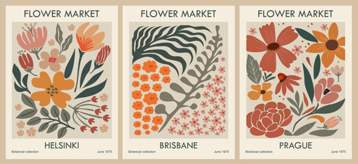 Set of abstract Flower Market posters. Trendy botanical wall arts with floral design in danish pastel colors. Modern naive groovy funky interior decoration, painting, print. Vector art illustration.