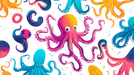 Colorful octopus illustrations, vibrant marine life designs, on a white background --ar 16:9