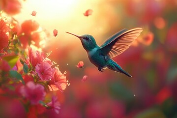 Fototapeta premium A hummingbird in flight, hovering near vibrant pink flowers in a sunlit garden.