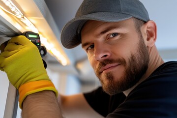 A focused handyman wearing gloves and a cap adjusts the lighting fixtures, emphasizing technical proficiency and meticulous attention to detail in home improvement.