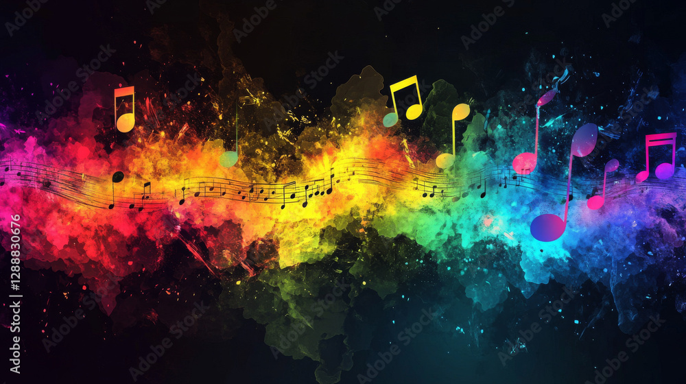 Poster artistic representation of music and sound using a vibrant rainbow color scheme