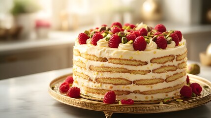 A close-up of a decadent sponge cake with layers of cream cheese frosting and fresh raspberries. Delicious sponge cake with creamy frosting.  A dreamy sponge cake with delicate layers. 
