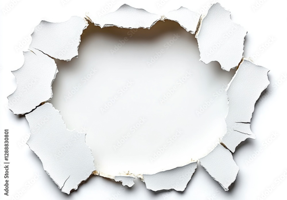 Poster white textured background with a circular hole, showing frayed edges and a light gray color. the hol