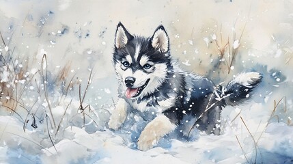 Watercolor Painting of Adorable Husky Puppy Playing in the Winter Snow