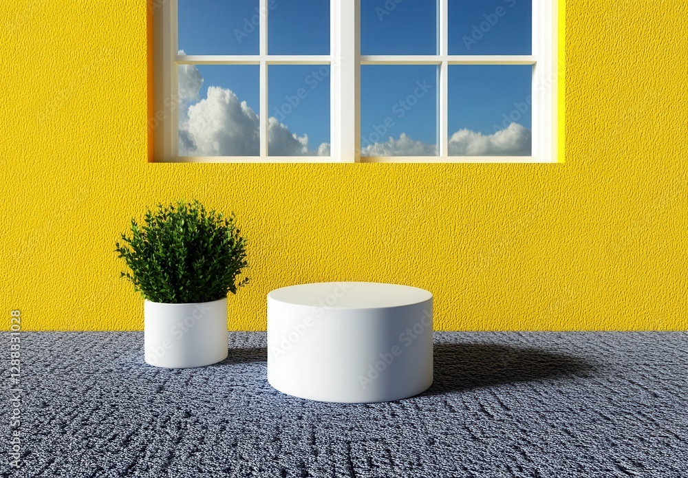 Poster white cylindrical display podiums sit on a speckled gray surface against a yellow textured wall with