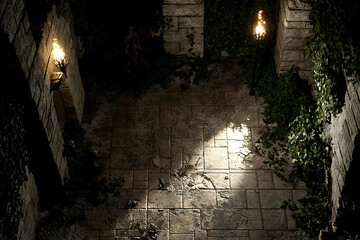 Ancient Battle Map Stone Wall Dungeon With Lantern Light and Ivy Detail Overhead View