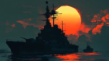 Dramatic Silhouette of a Warship Against a Fiery Sunset on the Sea