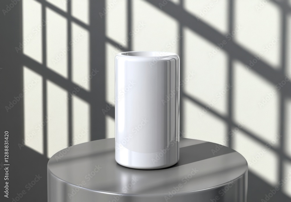 Poster white cylindrical object on a metallic surface, illuminated by window light casting grid like shadow