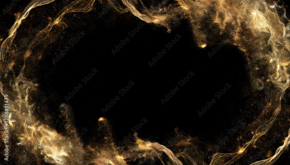 Poster golden dust particles swirling in dark space creating abstract cosmic cloud, perfect for futuristic,