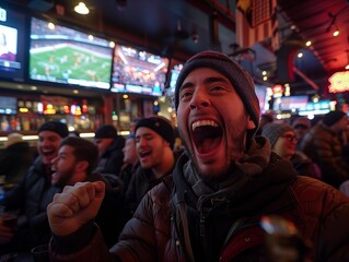 Fototapeta premium Spectators in a sport event shouting wagers, a detailed image of a packed sports bar with fans cheering and placing bets on the games shown on multiple screens